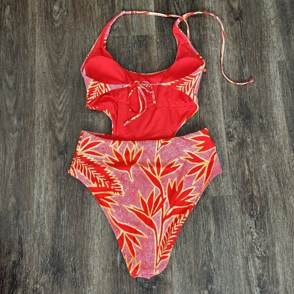 Aerie Red Coral Floral Monokini One Piece Swimsuit Bird of Paradise Open Cut - Picture 6 of 6